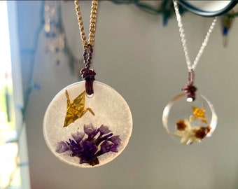 Mini Origami Crane Resin Pendant Necklace | Custom Flowers & Colors