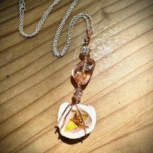 Origami Crane Pendant with Wire Wrapped Pink Sea Glass | Shell Pendant Necklace | Pendant & Earrings Combo | Miniature Origami | Gold Cranes