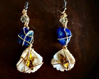 Handmade Origami Crane Earrings | Lapis Lazuli, Shell Charm