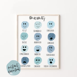 Spanish . Emociones . Emotions . Blues . Feelings . Counseling Classroom Poster . Kids Therapist Office .  Printable