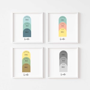 May include: Four printable wall art prints with a breathing exercise guide. Each print features a different color scheme: blue, green, yellow, and gray. The breathing exercise guide includes the numbers 1 through 8, with the words "inhale", "hold", and "exhale" printed below the numbers. The word "breathe" is printed at the bottom of each print.