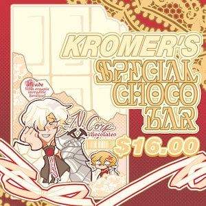 Könnte beinhalten: Werbebild für "Kromer's Special Choco Bar" mit Cartoon-Illustrationen und Text. Das Design umfasst eine weiße Schokoladentafel-Grafik, ein rotes und goldenes Paisley-Muster und den Text "Made from organic inorganic heretics!"