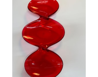 Bandeja de servir vintage de cristal rojo rubí de 3 secciones, plato para aperitivos de cristal rojo estilo MCM de 17,5 pulgadas.