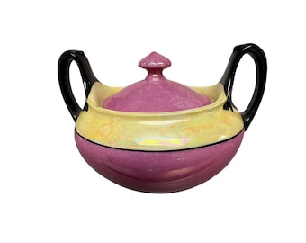 Azucarero con tapa de porcelana vintage Phoenix Art Deco Lusterware, Checoslovaquia, color rosa.