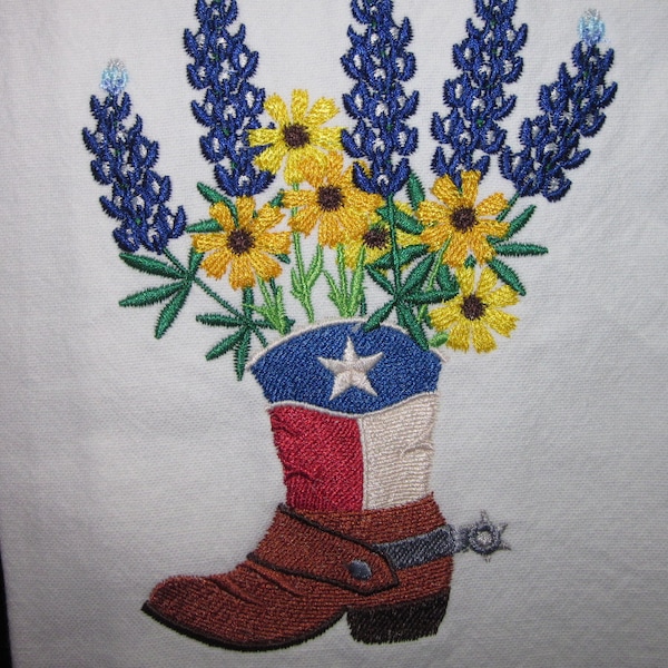 Embroidered Texas Cowboy Boot/Bluebonnet Kitchen Towel/ Western Kitchen Towel/Cowboy Boot Dish Towel/Texas State Flower Towel/Texas Towel