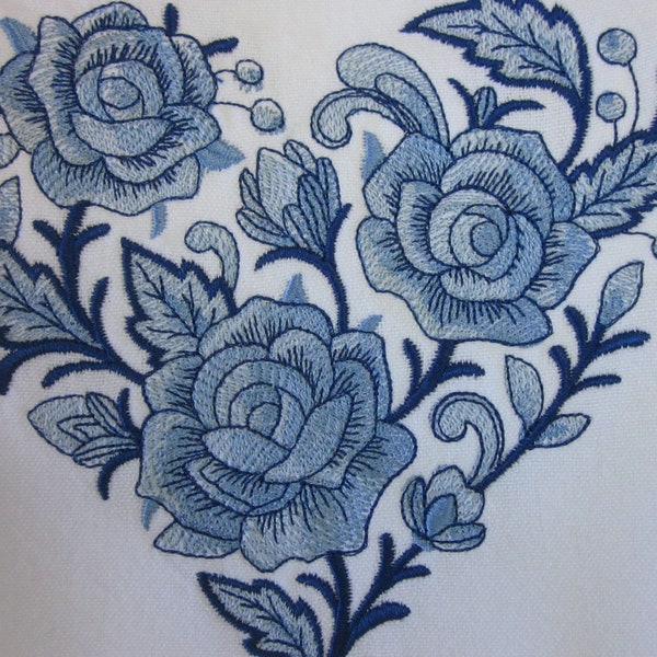 Embroidered Delft Blue Rose Heart Kitchen Towel/Rose Heart Towel/Blue Rose Heart Dish Towel/Delft Blue Heart with Roses Kitchen Towel/