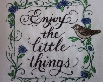 Embroidered Enjoy The Little Things Kitchen Towel/Floral and Bird Tea Towel/Blue Flowers Towel/Blue Floral Kitchen Towel/Spring KitchenTowel