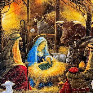 May include: A quilted fabric panel depicting the Nativity scene. Mary, in a blue veil, cradles baby Jesus in a manger. Surrounding figures include Joseph, the three wise men, sheep, donkeys, and a cow. The artwork is rendered in warm, earthy tones.