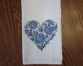 Embroidered Delft Blue Rose Heart Kitchen Towel: 100% Cotton
