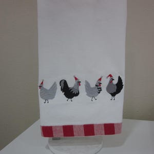 Embroidered Christmas Chicken Dish Towel: Gray & Silver Chickens