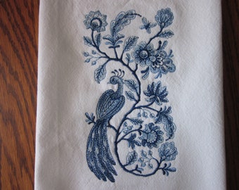 Delft Blue Peacock Embroidered Kitchen Towel/Embroidered Delft Blue Peacock/Delft Blue Peacock/Peacock Dish Towel/Peacock Tea Towel