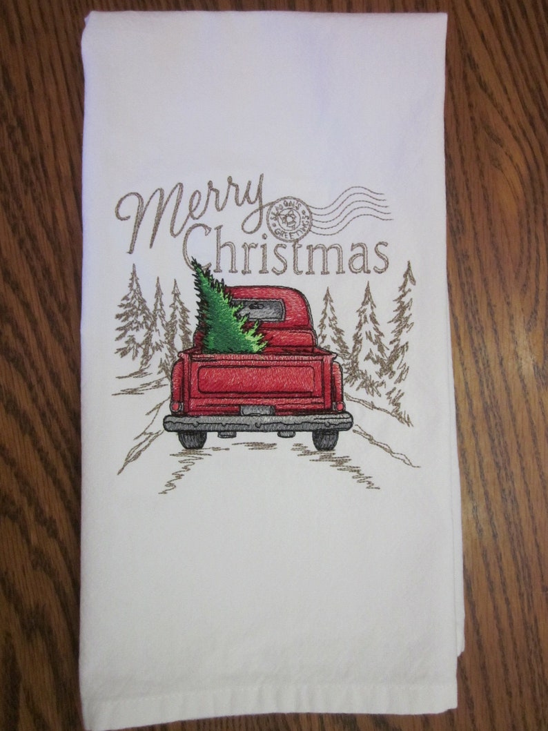 Embroidered Red Christmas Truck/red Truck With Christmas Tree/merry