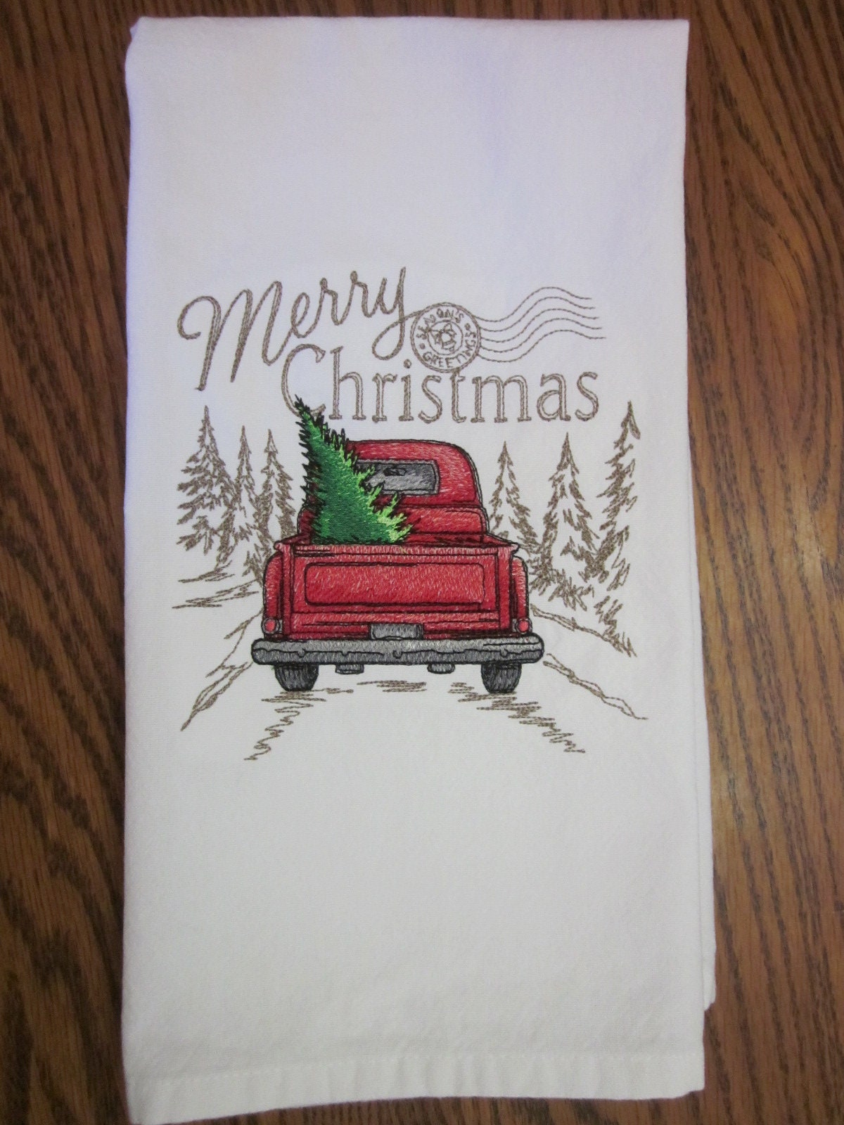 Embroidered Red Christmas Truck/red Truck With Christmas Tree/merry