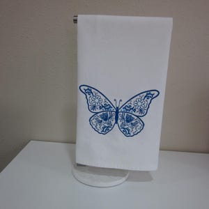 Embroidered Butterfly Towel: Delft Blue Cotton Dish Towel
