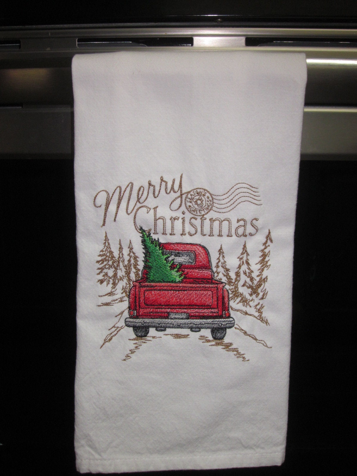 Embroidered Red Christmas Truck/red Truck With Christmas Tree/merry