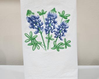 Embroidered Bluebonnet Kitchen Towel: Texas Wildflower Decor