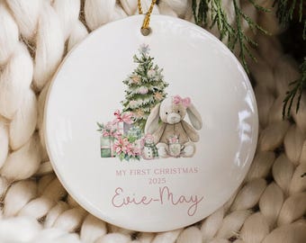 Adorno navideño para niña, conejito personalizado con árbol, recuerdo de cerámica personalizado, adorable decoración navideña 2025