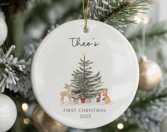 Adorno navideño personalizado para bebé: Adorno de cerámica con temática de bosque