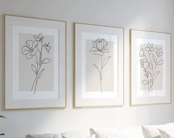 Neutral Wall Art Set of 3 Botanical Prints Plants Floral Line Art Beige Decor for Home Neutral Wall Decor with Flower Art in Beige Tones