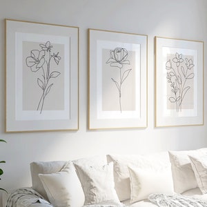 Neutral Wall Art Set of 3 Botanical Prints Plants Floral Line Art Beige Decor for Home Neutral Wall Decor with Flower Art in Beige Tones