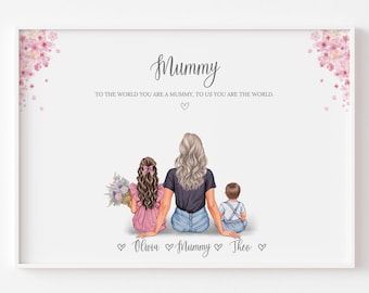 Personalised Mum and Children Portrait Family Illustration Gift for Mum Mothers Day Gift for Her Mum Birthday Gift Mother and Kids Print