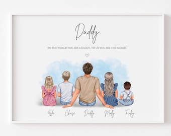 Personalised daddy and Children Portrait Family Illustration Gift for Dad Fathers Day Gift for him dad Birthday Gift Father and Kids Print