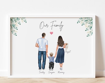 Puede incluir: Una ilustración digital de una familia de cuatro personas caminando juntas. Los padres están cogidos de la mano con sus dos hijos. El texto "Our Family" está en la parte superior de la imagen. Los niños están etiquetados como "Crayton" y "August". Los padres están etiquetados como "Daddy" y "Mommy".