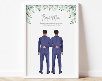 May include: A framed print featuring two figures in blue suits with arms around each other. The text "Best Man" is above the figures, with the phrase "Thank you for standing by my side on the biggest day of my life" below.