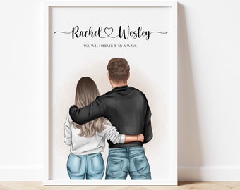 May include: A digital illustration of a couple standing back to back with their arms around each other. The text "Rachel Wesley" and "You will forever be my always" is written above the couple.