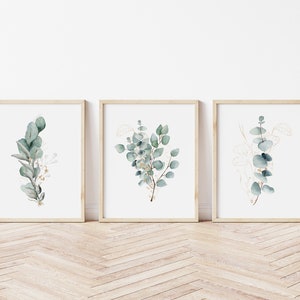 May include: Three framed prints with watercolor illustrations of eucalyptus branches with gold accents. The prints are displayed on a light wood floor.