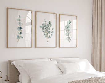 Ensemble de 3 impressions d'art végétal d'eucalyptus, art mural botanique, cadeau d'eucalyptus, photo nature, art mural, dessin aquarelle