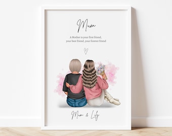 Personalized Mother Daughter Print: Custom Mum Portrait (Digital File)