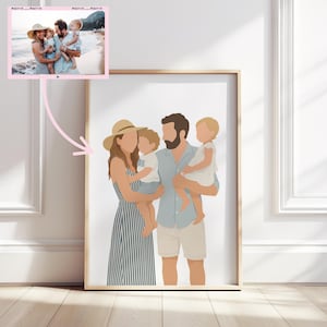 May include: A framed family portrait featuring a stylized illustration of a family of four. The parents are holding their children. The mother wears a striped dress and a hat. The father wears a light blue shirt and shorts. A smaller photo is in the upper left corner.