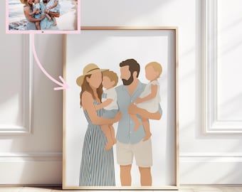 May include: A framed family portrait featuring a stylized illustration of a family of four. The parents are holding their children. The mother wears a striped dress and a hat. The father wears a light blue shirt and shorts. A smaller photo is in the upper left corner.