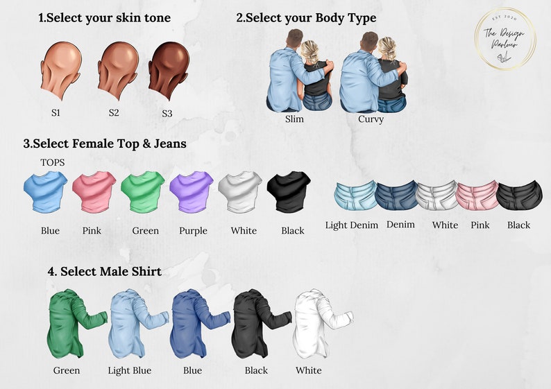 May include: A guide to customizing a couple's illustration.  Choose from three skin tones, two body types, a variety of tops and jeans for the female figure, and a selection of shirts for the male figure.
