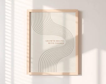 Growth Begins With Change Print, Motivational Wall Art, Neutral Typography Poster, Framed Office Decor, Minimalist Inspirational Home Gift
