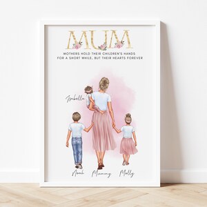 May include: A watercolor illustration of a mother with three children. The mother is holding a baby in her arms and walking with her two older children. The text "MUM" is written in gold letters with floral accents. The text "MOTHERS HOLD THEIR CHILDREN'S HANDS FOR A SHORT WHILE, BUT THEIR HEARTS FOREVER" is written below the illustration. The children's names are written below the illustration: "Isabella", "Noah", "Mommy", and "Molly".