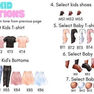May include: A graphic showing different clothing options for kids and babies.  The image includes a variety of t-shirts, pants, skirts, shoes, and hats.  The text on the image reads: "KID OPTIONS", "Select Skin tone from previous page", "Select Kids T-shirt", "Select Kid's Bottoms", "Select kids shoes", "Select Baby T-shirt options", "Select Baby trousers", "Select Baby Hat".