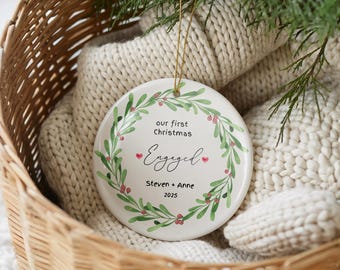 First Christmas Engaged Ornament, Gift for Couple, Personalised Keepsake Bauble, Ceramic