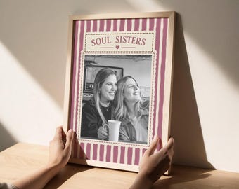 Sister Christmas Gift, Personalised Best Friend Photo Print, Pink Striped Wall Art, Soul Sisters Keepsake, Bestie Birthday Gift