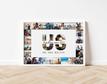Personalised Travel Memories Photo Collage Print, Custom Couples Adventure Wall Art, Travelling Since Anniversary Gift