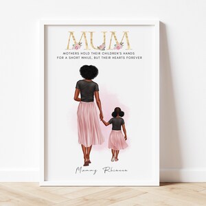 May include: A printable art print with a black and pink illustration of a mother and daughter walking hand-in-hand. The text "MUM" is at the top of the print with floral accents. The quote "Mothers hold their children's hands for a short while, but their hearts forever" is below the illustration. The names "Mummy" and "Rhianna" are at the bottom of the print.