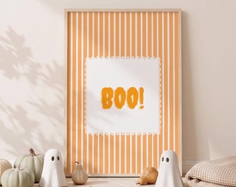 BOO Halloween Print, Orange Striped Halloween Wall Art, Cute Spooky Season Decor, October Nursery Print, Pumpkin Party Decor
