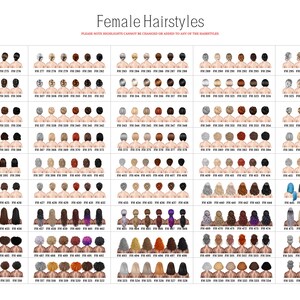May include: Page 2 of a chart showing different female hairstyles. The hairstyles are numbered and shown on a white background.