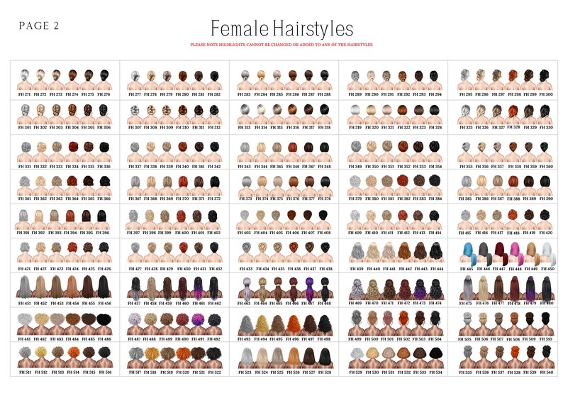 May include: Page 2 of a chart showing different female hairstyles. The hairstyles are numbered and shown on a white background.