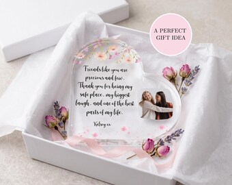 Personalised Best Friend Heart Plaque, Custom Photo Acrylic Keepsake, Floral Bestie Birthday Gift, Thank You Friendship Gift