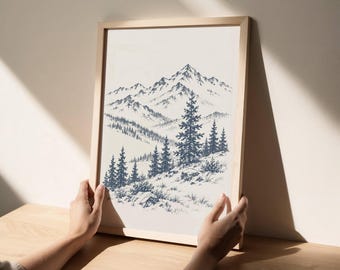 Mountain Landscape Wall Art, Pine Forest Print, Rustic Nature Poster, Alpine Sketch, Woodland Home Decor, Christmas Gift for Nature Lovers