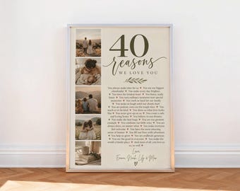 40th Birthday Photo Print, Personalised Reasons We Love You Gift, Five Photo Collage, Mum Wife Sister Friend Keepsake, Birthday Wall Art