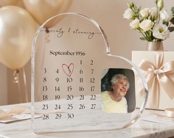Personalised 70th Birthday Acrylic Heart Plaque, Custom Photo Calendar Gift, 70th Birthday Keepsake for Mum, Nan or Grandma
