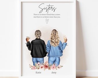 Personalised Sister Print, Watercolor Illustration gift for sister
